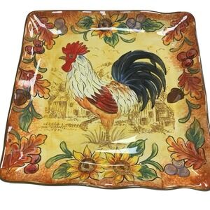 Maxcera Village Rooster Sunflower Large Square Plate 11.5 X11.5"